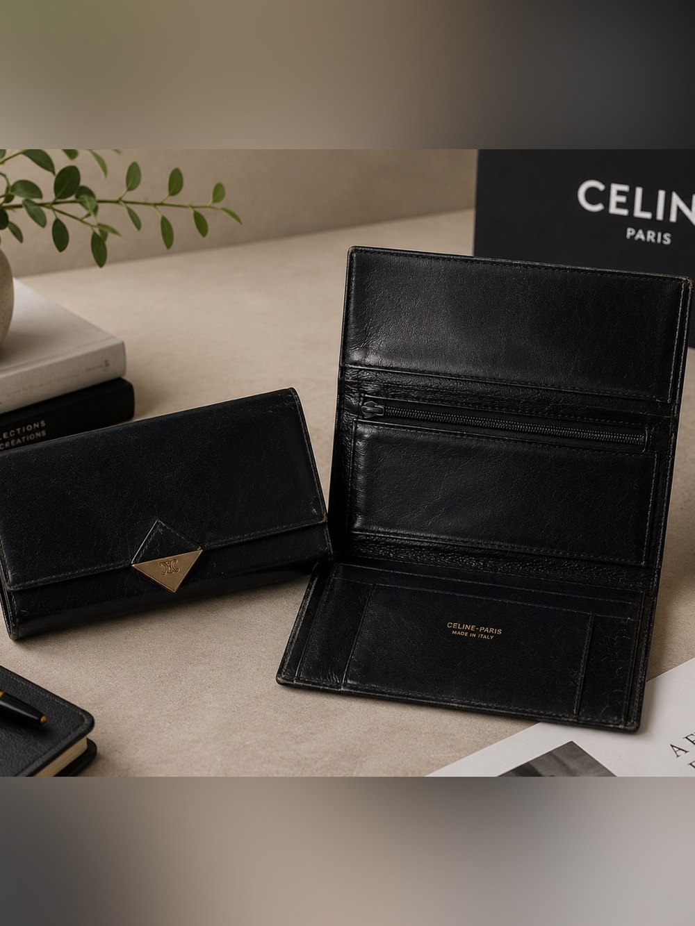 Vintage Celine Black Leather Long Wallet